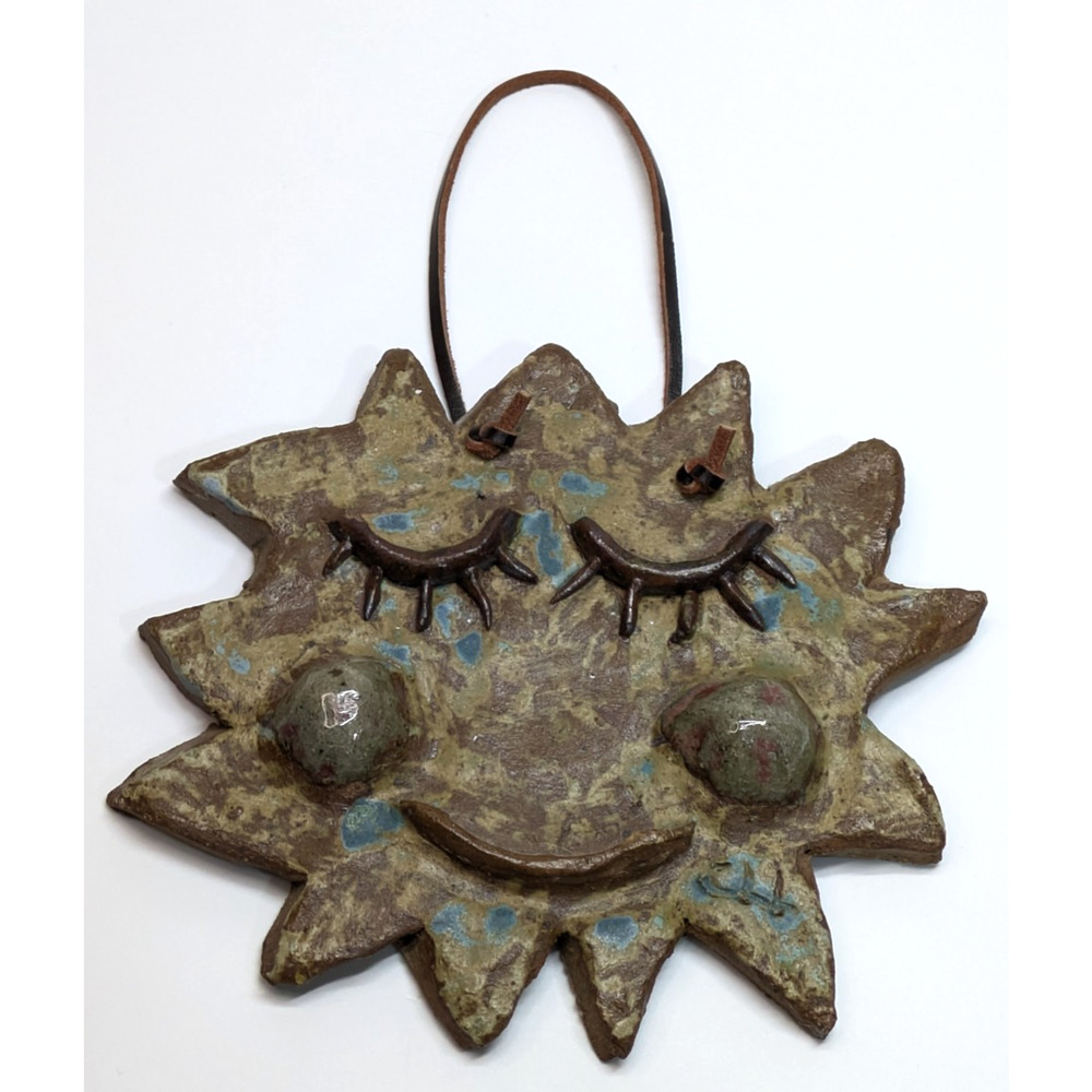 VTG CLL '73 Leeds Signed Clay Pottery Puffy Cheek Sun Celestial Wall Hanging 6x7